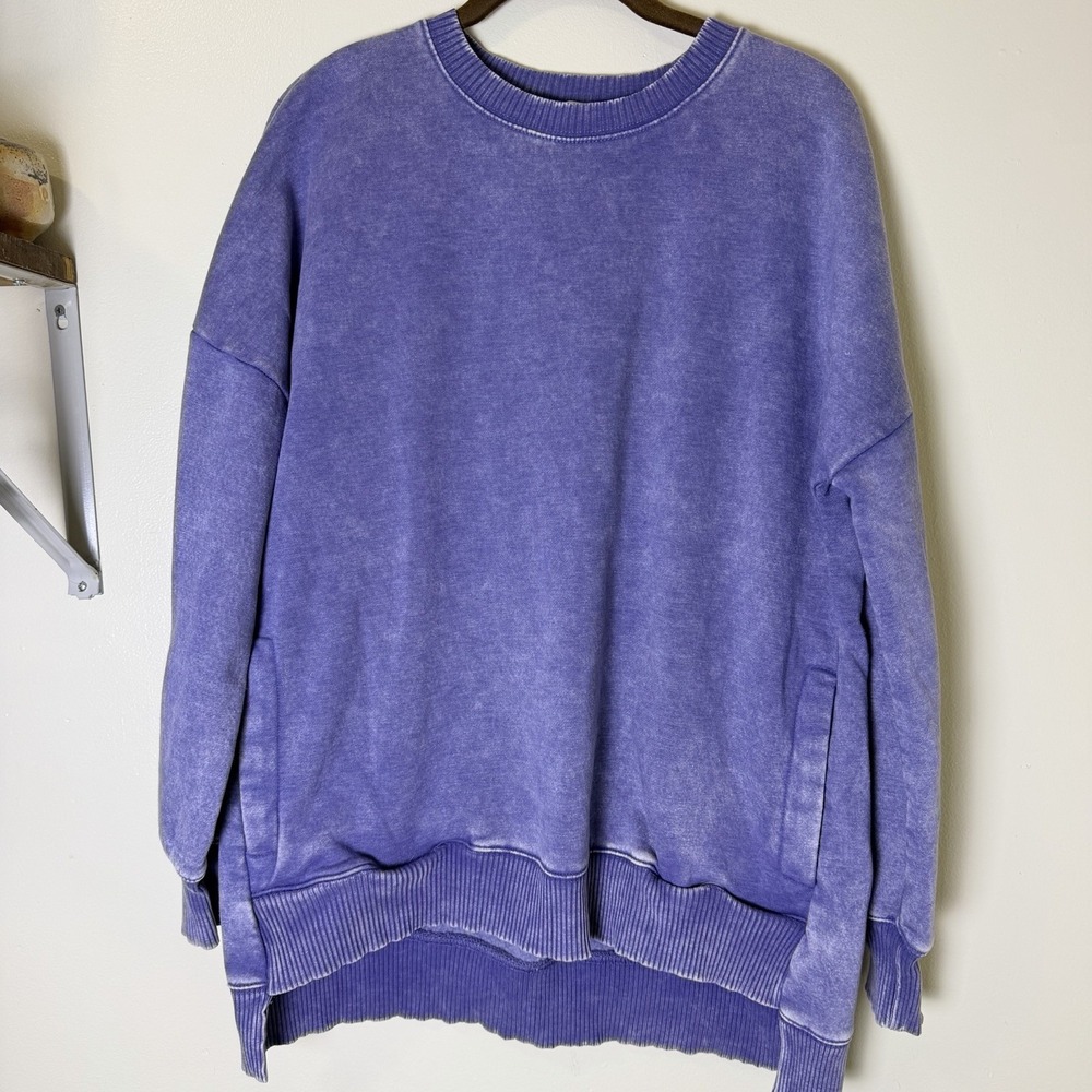 Zenana M Blue Acid Wash Oversized Sweatshirt Mineral Wash Pullover Pockets